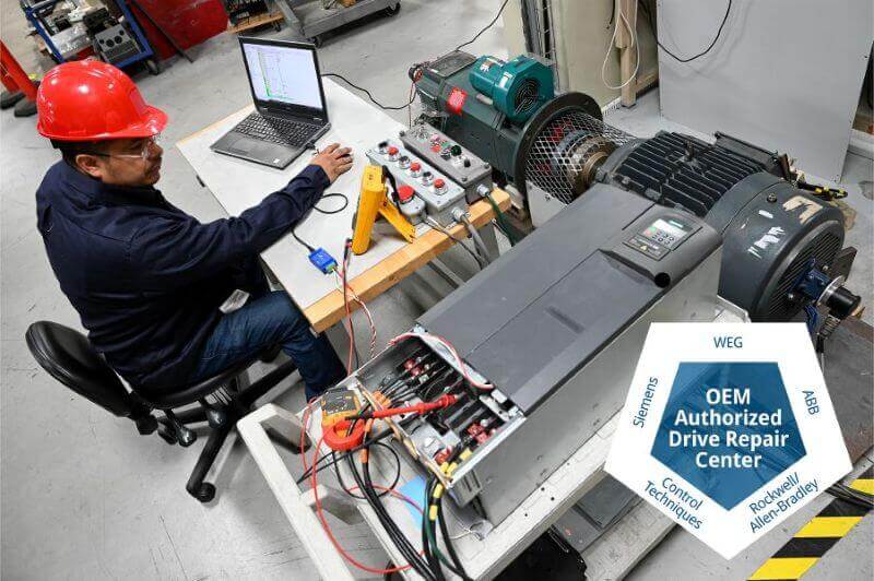 technician performing vfd repair on industrial equipment